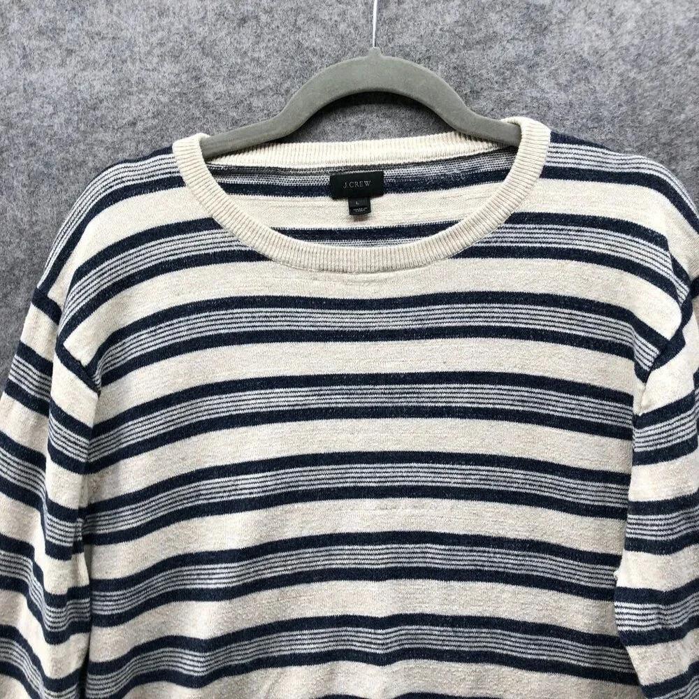J. Crew Rugged Cotton‎ Striped Crewneck Sweater Mens L Beige Navy Textured